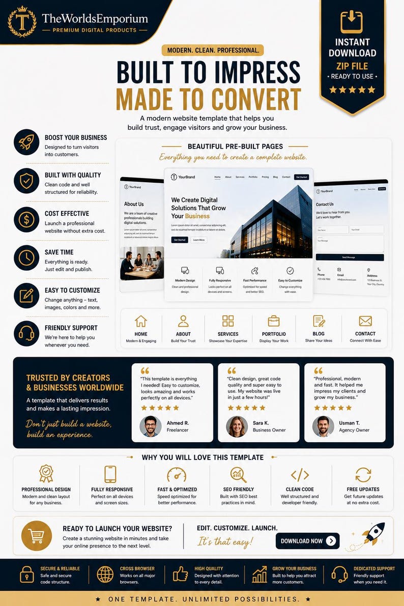 May include: A digital marketing flyer for a website template titled TheWorldsEmporium. It features text including Built to Impress Made to Convert, lists of features like Boost Your Business, and displays three customer testimonials with five-star ratings.