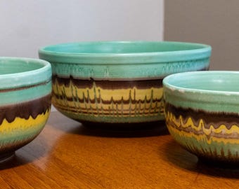 BOHEMIAN 3 NESTING BOWLS - Karoly Szakmary Ars Bohemia Drip Glaze Mid-Century Modern