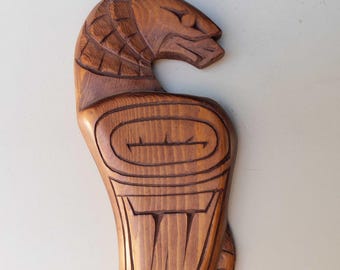 FIRST NATIONS Hawk Wood Wall Art Sculpture Signed Dan BW Carving Salish Indian Native American
