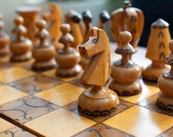 Vintage Italian Chess Board Set Hand carved & burned wood Italy Bohemian