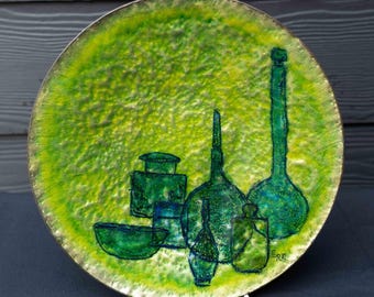 BOTTLES Still Life Enamel on Copper Art Plate- signed ERE - Vintage/Mid-Century Modern