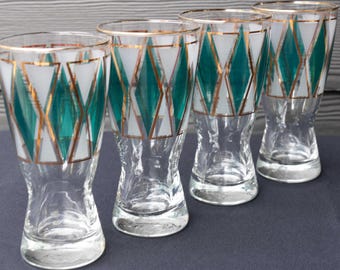 4 LIBBEY DIAMOND GLASSES - Mid-Century Modern/Vintage Pilsner Barware Drinkware