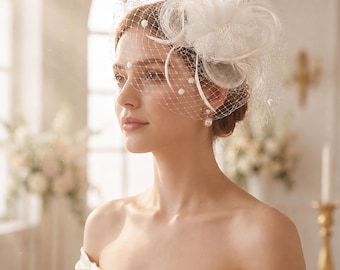 Fascinator branco para noiva, véu gaiola, chapéu de casamento com flores e penas, acessório de cabelo de noiva em estilo vintage, elegante acessório para a cabeça da noiva.