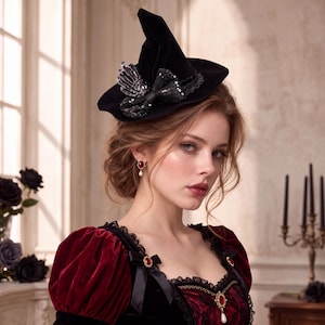 May include: A black velvet witch hat featuring a sequined black bow and a skeletal hand ornament. The hat is paired with a dark red velvet dress with black lace trim, black ribbon bows, and red oval gemstone pendants with dangling white pearls.
