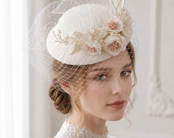 Bridal Fascinator Hat, Ivory Birdcage Veil, Floral Wedding Headpiece, Vintage Pillbox Hat, Bride Hair Accessory, Civil Wedding Hat