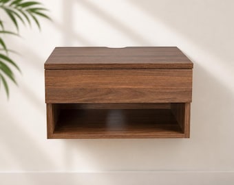 Mesita de noche flotante con cajón, estante de pared de nogal para mesita de noche, mesa de noche flotante de madera, decoración moderna para dormitorio.