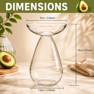 May include: A clear glass avocado vase with a wide, shallow top and a teardrop-shaped base. The vase measures 3.54 inches in diameter at the top, 2.95 inches at the base, and 5.51 inches in height, as indicated by the visible dimension lines.