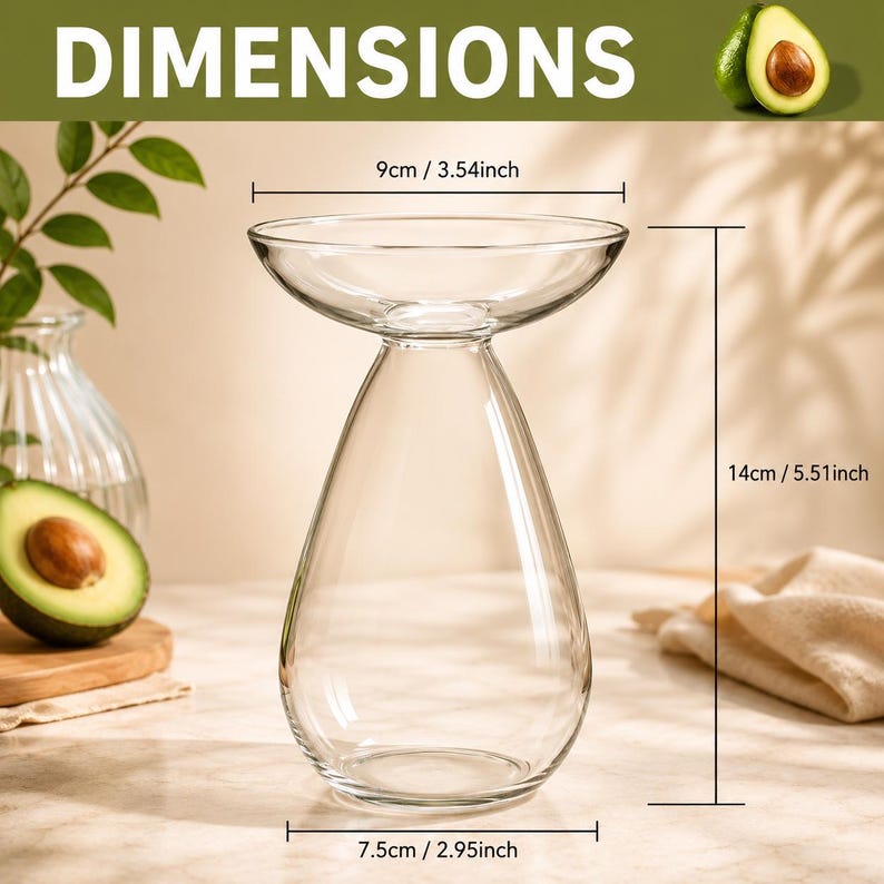 May include: A clear glass avocado vase with a wide, shallow top and a teardrop-shaped base. The vase measures 3.54 inches in diameter at the top, 2.95 inches at the base, and 5.51 inches in height, as indicated by the visible dimension lines.