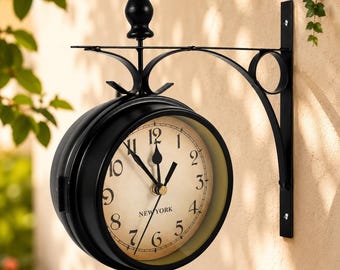 Retro Double Sided Wall Clock, Vintage Station Clock, Silent Battery Operated Wall Clock, Antique Home Office Decor
