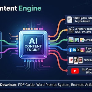 Peut inclure: Une infographie numérique intitulée The AI Content Engine présentant une icône de processeur centrale avec des lignes colorées reliant six modules de contenu, dont des articles SEO, des scripts vidéo, des prompts d'image et des publications.