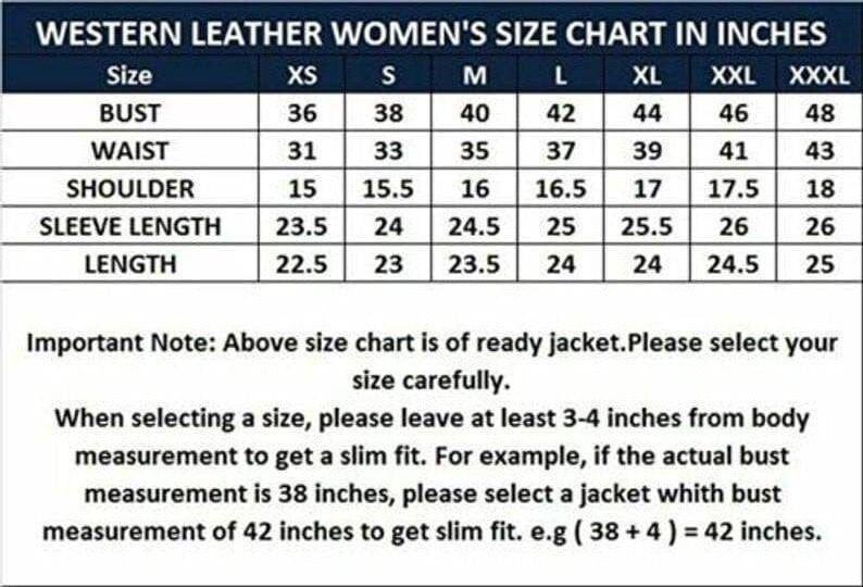 May include: A size chart for Western Leather jackets with a table displaying measurements in inches for sizes XS through XXXL, including bust, waist, shoulder, sleeve length, and length. Text provides instructions on selecting a size for a slim fit.