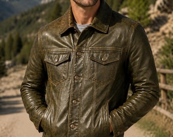 Men’s Olive Green Distresed Leather Trucker Jacket, Western Style Cowboy Jackets
