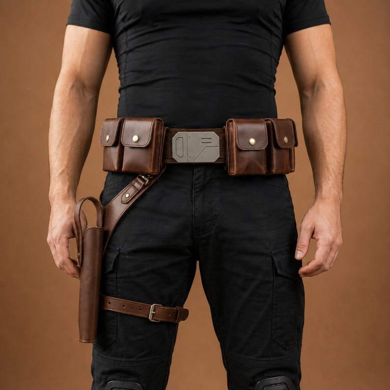 May include: A brown leather utility belt featuring four rectangular pouches with brass-colored snap closures, a central metallic buckle with geometric detailing, and an attached drop-leg holster with a buckled strap for securing around the thigh.