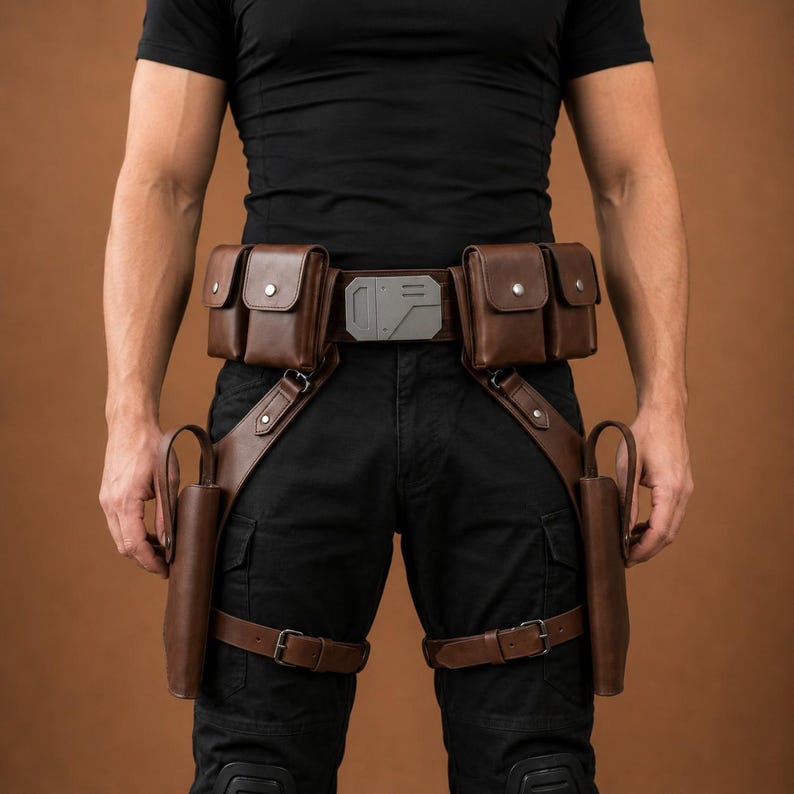 May include: A brown leather utility belt featuring four rectangular pouches with silver-toned snap closures, a central metallic buckle with geometric detailing, and two integrated holsters secured by adjustable leg straps over black trousers.