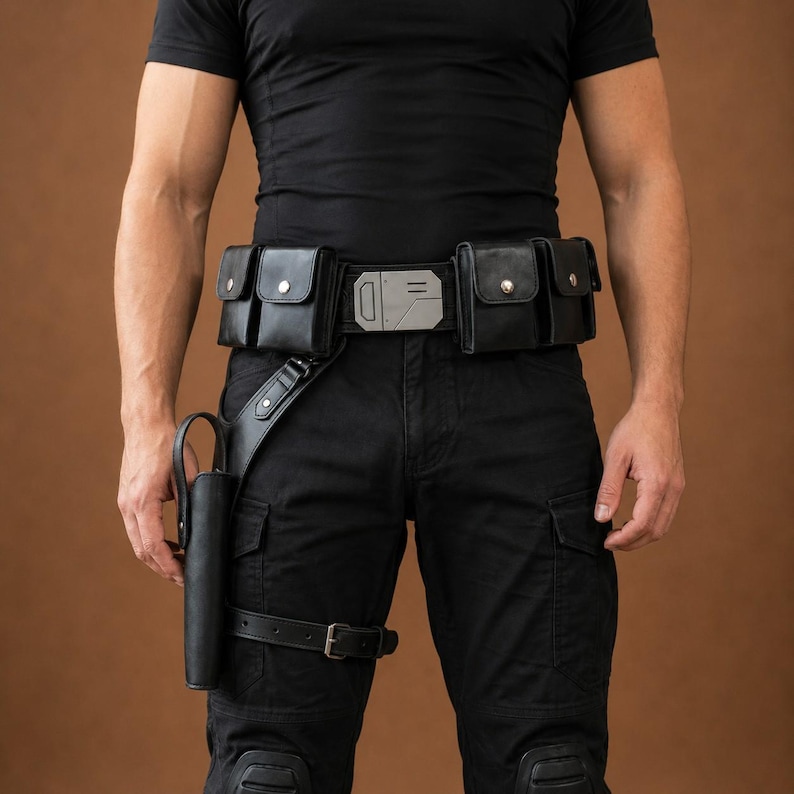 May include: A black utility belt featuring multiple rectangular pouches with silver-toned snap closures, a central metallic buckle with geometric detailing, and an attached drop-leg holster with a buckled thigh strap, worn over black trousers.