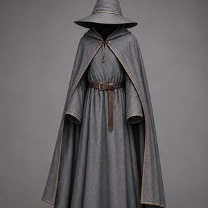 Grå trollkarlsmantel och hattset | Medeltida trollkarlskostym Cosplay | Renässans Halloween LARP-mantel