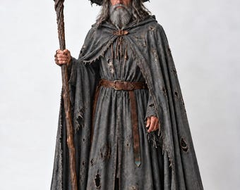 May include: A weathered grey hooded cloak and matching pointed hat with distressed, frayed edges and holes. The ensemble includes a brown leather belt with a buckle and a tall, gnarled wooden staff topped with a clear, crystalline stone element.