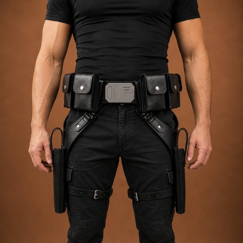 May include: A black utility belt featuring a central metallic buckle with geometric detailing, four attached pouches with snap closures, and two vertical holsters extending down the thighs, secured by adjustable leg straps with metal buckles.