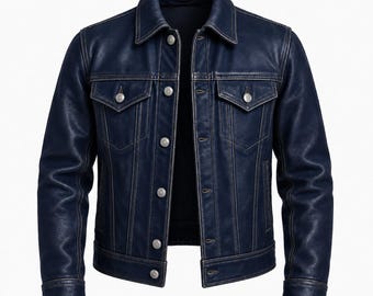 Men’s Navy Blue Lambskin Leather Trucker Jacket Western Style Cowboy Jackets