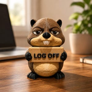 Rolig bäverskylt – 3D-utskriven figurin ”Logga ut”, skrivbordsdekor, present till kollega, tillbehör till arbete hemifrån