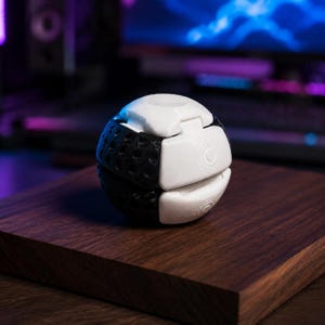May include: A spherical puzzle toy featuring a dual-tone design with white and black segments. The white sections have a smooth surface with concentric circle patterns, while the black sections display a textured, honeycomb-like grid pattern.