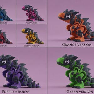 May include: A collection of six articulated dinosaur figurines in blue, pink, red, yellow, orange, purple, and green, each featuring black accents and large eyes. Text labels identify each as a blue, pink, red, yellow, orange, purple, or green version.