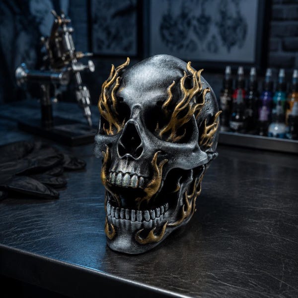 Flaming Skull Decor, Gothic 3D Printed Sculpture, Tattoo Shop Desk Accent