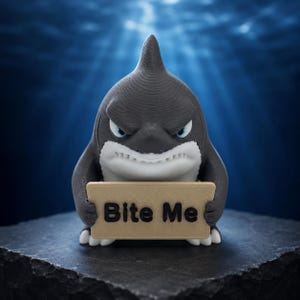 May include: A dark gray shark figurine with a white belly and angry facial expression, holding a tan rectangular sign with the black text Bite Me. The shark has visible 3D printed texture lines and small white claws on its feet.