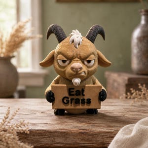 May include: A tan-colored goat figurine with dark curved horns, a white tuft of hair on its head, and a white goatee. The goat has a grumpy facial expression and holds a rectangular tan sign with the black text "Eat Grass" in its front hooves.