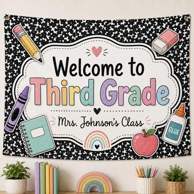 Personalized Third Grade Classroom Banner | Composition Notebook Style ...