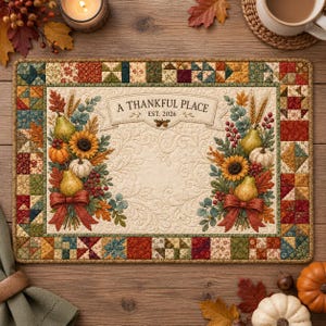 Mantel individual acolchado personalizado para el Día de Acción de Gracias, decoración de mesa con diseño de patchwork otoñal (30 x 45 cm)