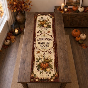 Chemin de table matelassé personnalisé pour l'automne, décoration de table personnalisée pour Thanksgiving, centre de table rustique avec citrouilles, cadeau familial d'automne