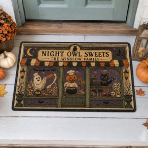 Op de afbeelding: Een rechthoekige deurmat met een illustratie van een winkelpui met het opschrift NIGHT OWL SWEETS THE WINSLOW FAMILY. Het ontwerp toont een geest, een kok met een pompoenhoofd en een zwarte kat in een winkel met oranje en zwart gestreepte luifels.