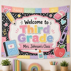May include: A rectangular classroom wall banner featuring a black background with white stars and a central white scalloped label. The text reads Welcome to Third Grade Mrs. Johnson's Class. Illustrations include a pencil, eraser, notebook, crayon, and apple.