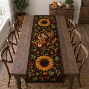 May include: A rectangular table runner featuring a dark green background with a repeating pattern of large yellow sunflowers, a cornucopia filled with pumpkins, gourds, and autumn leaves, and small red berries, finished with a thin red border.