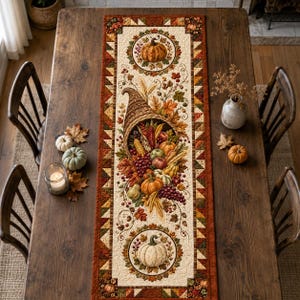 May include: A rectangular quilted table runner featuring a central cornucopia overflowing with autumn harvest produce including pumpkins, grapes, apples, and wheat, framed by a border of triangular fabric patches in shades of orange, red, and green.