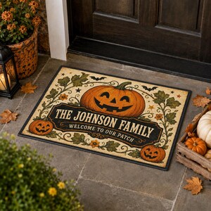 Custom Vintage Pumpkin Halloween Doormat: Personalized Welcome Patch Family Name Rug