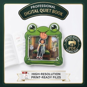 Peut inclure: Un livre calme numérique professionnel avec un cadre en forme de grenouille verte et une langue tirée. Le centre montre une scène de chambre avec un personnage tenant un smartphone. Le texte inclut PROFESSIONAL DIGITAL QUIET BOOK, INSTANT DIGITAL PDF DOWNLOAD et HIGH-RESOLUTION PRINT-READY FILES.