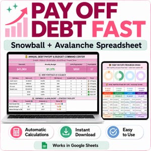 Debt Snowball Avalanche Calculator Spreadsheet | Google Sheets & Debt Payoff Tracker | Credit Card Loan Payment Planner