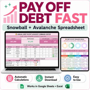 May include: A digital debt payoff and budget spreadsheet displayed on a laptop and tablet screen. The interface features tables for debt portfolio, monthly budget, and progress rings. Text includes PAY OFF DEBT FAST, Snowball + Avalanche Spreadsheet, and Works in Google Sheets + Excel.