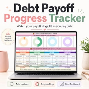 May include: A digital debt payoff progress tracker displayed on a laptop screen. The interface features four circular progress rings in peach, green, blue, and purple, alongside a detailed table tracking credit card, loan, and balance data.