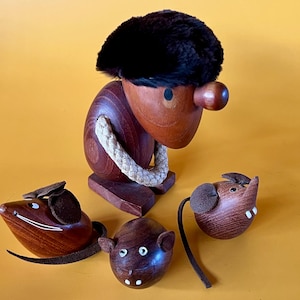 Fab!  Hans Bolling teak figurine - &quot;The Pessimist&quot; along with three  sweet mice with leather details.  One made in Denmark. Mid century fun.