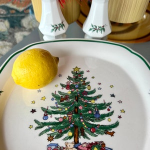 Nikko, Japan. Happy Holidays Christmas time 10&quot; serving tray and a salt/pepper pair. Delightful Christmas design...classic holiday pieces.