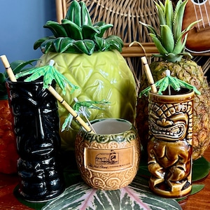 ALOHA! Get the tiki party started! Three fab vintage tiki time cups/mugs. Kaimana beach hotel, Orchids of Hawaii and Phrateres 1967. FUN!