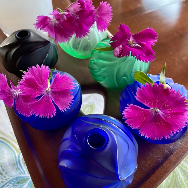 Beautiful collectible Lalique Paris Royal Palm soliflore vases in the original box. 2 cobalt blue and one black available. Priced per vase.