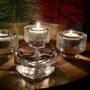 Three lovely small Iittala kuusi (spruce tree) design candle holders and one Hertta heart trinket holder.  Jorma Vennola design - Finland