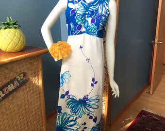 A most adorable blue & white Hawaiian mu'u mu'u / maxi dress - discovered in Kailua, HI modern size XS/S