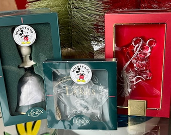 Three crystal Lenox Mickey Mouse collectibles. Mickey bell and two ornaments.