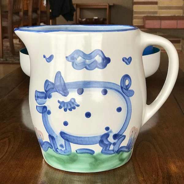 Incredibly lovely large signed M.A. Hadley country piggie pitcher.   Perfect condition!