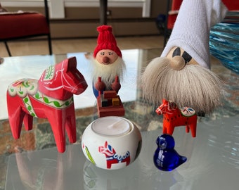 Fun grouping of vintage Swedish collectibles...Tomte, gnome, Dala horses, candle holder and miniature glass blue bird.
